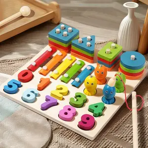 Montessori Multifunctional Four-In-One Early Education Toy Set, Geometric Shape Stacker, Shape Sorter, Magnetic Fishing, Piano, Number Matching