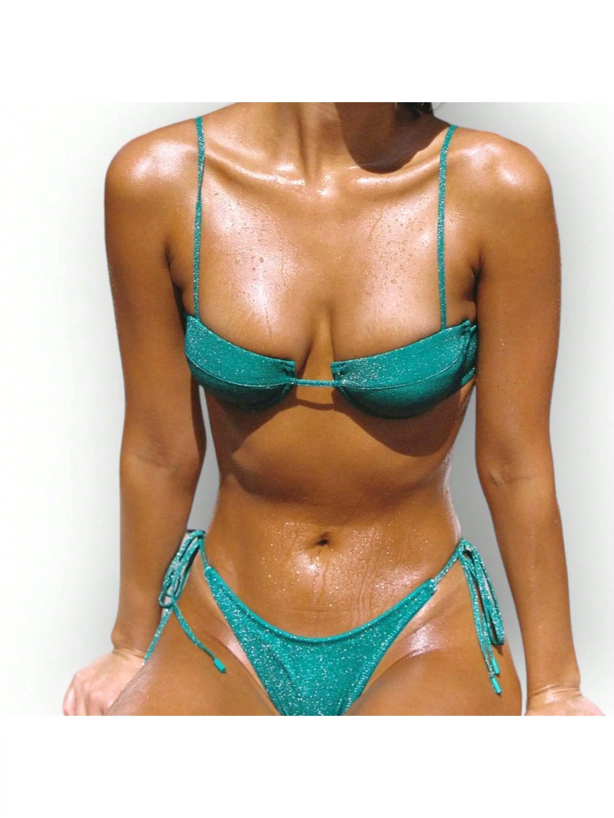 Glossy String Bikini Set Solid Green Halter Sport Swimsuit Beach Vacation Low Cut Shiny Two Piece Tie Swimwear For Women Summer Sexy Bathing Suit High Waist Push Up Triangle Bikini,Wireless,springstatements,,criss,cross,Gothic,Skull,Print,Neck,Women's