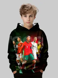 Boys' Football Fan Hoodie, Star Collection Pullover Sweatshirt, Cozy Sweatshirt, Skin-Friendly Breathable Fabric, Casual Fitted Design for Fall & Winter