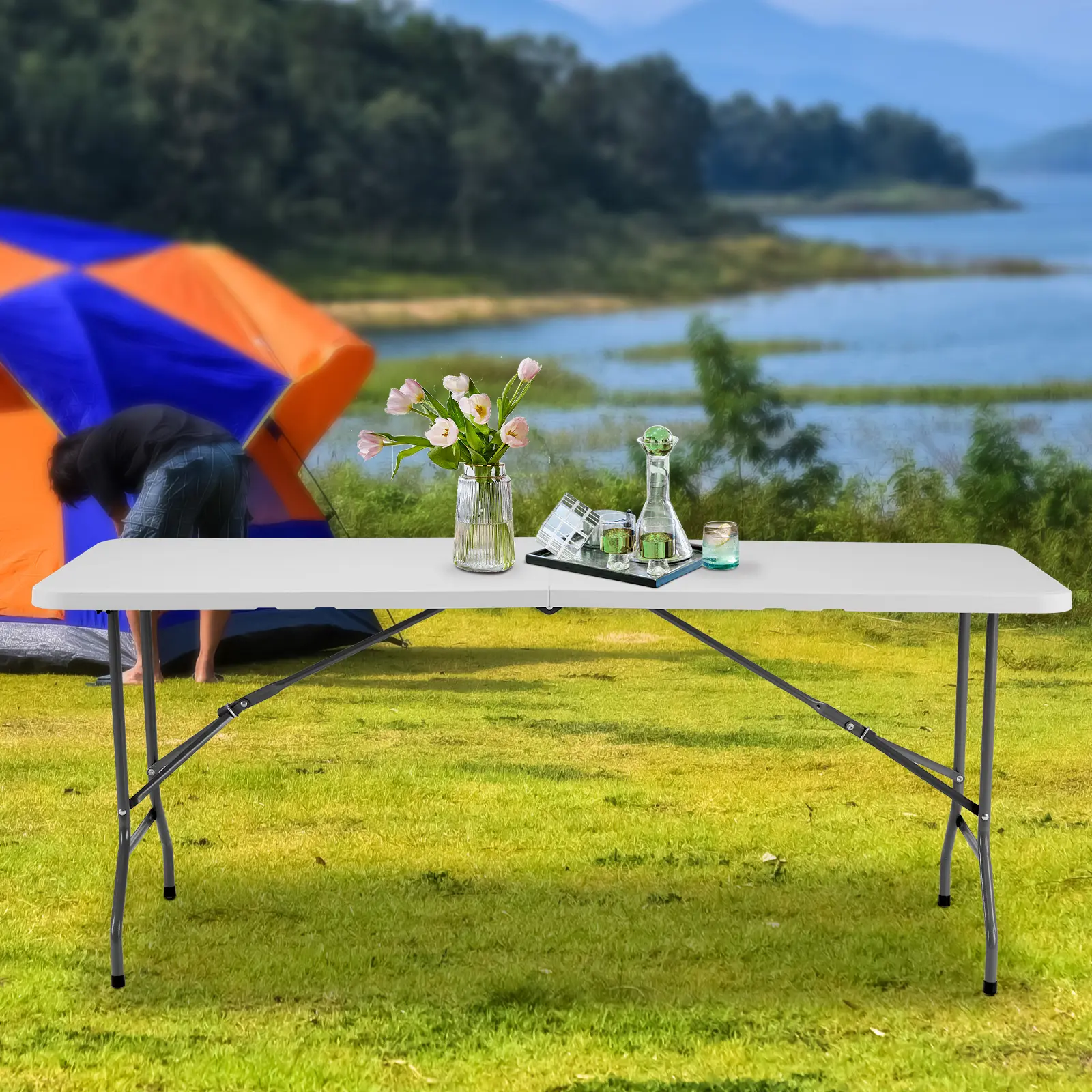 Heavy Duty Folding Outdoor-Indoor Table with Carrying Handle for Camping, Picnic