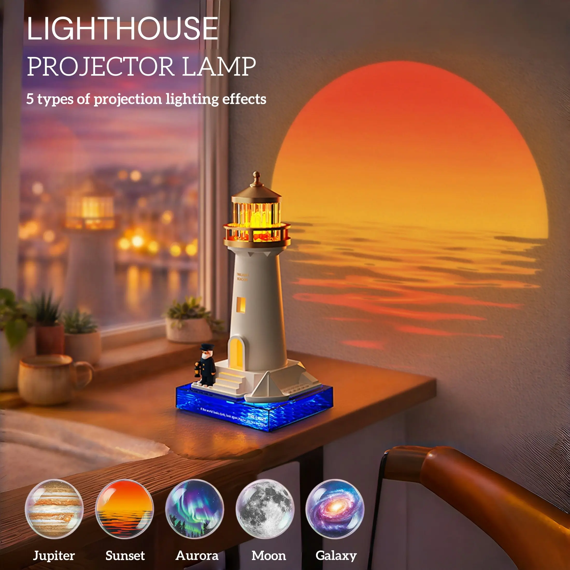 Lighthouse Projector Lamp, USB Atmosphere Desk Light, Galaxy 5 Projection Effects, Motion Sensor, Sunset Lamp, 2400mah Battery, Gift Idea, Decorative Atmosphere Lamp