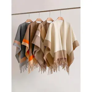 Women's Color Block Tassel Design Shawl, 2024 New Style Casual Soft Warm Shawl for Fall & Winter, Fashion Accessories for Women & Girls Dainty Gift for Your Love