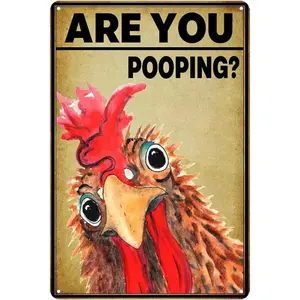 Humorous Vintage Tin Signs Chicken Decor Are You Pooping Sign Metal Chicken Wall Art for Bathroom Humor Restroom Signage