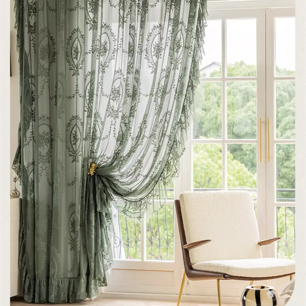 1 PC Dark Green Lace Curtains Rose Floral Embroidery Vintage Ruffled Sheer Curtain Window Treatment for Nursery Bedroom Living Room Kitchen Bohemian Chic Privacy Window Decor Rod Pocket Voile Panel, Bathroom Decor Ideas, Home Decor Items