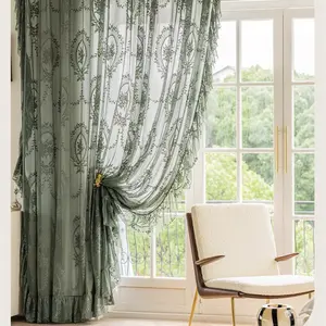 1 PC Dark Green Lace Curtains Rose Floral Embroidery Vintage Ruffled Sheer Curtain Window Treatment for Nursery Bedroom Living Room Kitchen Bohemian Chic Privacy Window Decor Rod Pocket Voile Panel