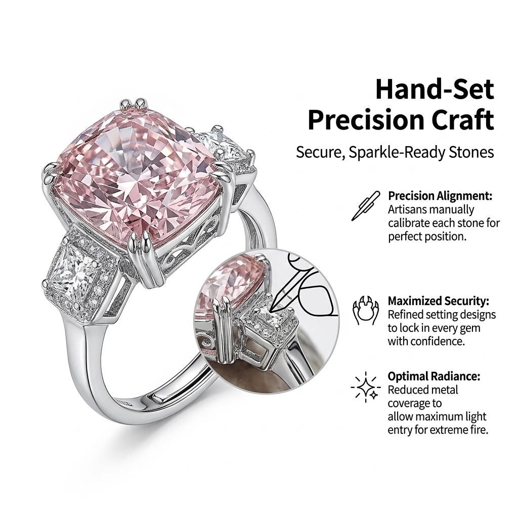 Luxury Cushion Cut Pink Diamond Ring, White Gold Plated Color Gemstone Ring, Elegant Party Index Finger Ring