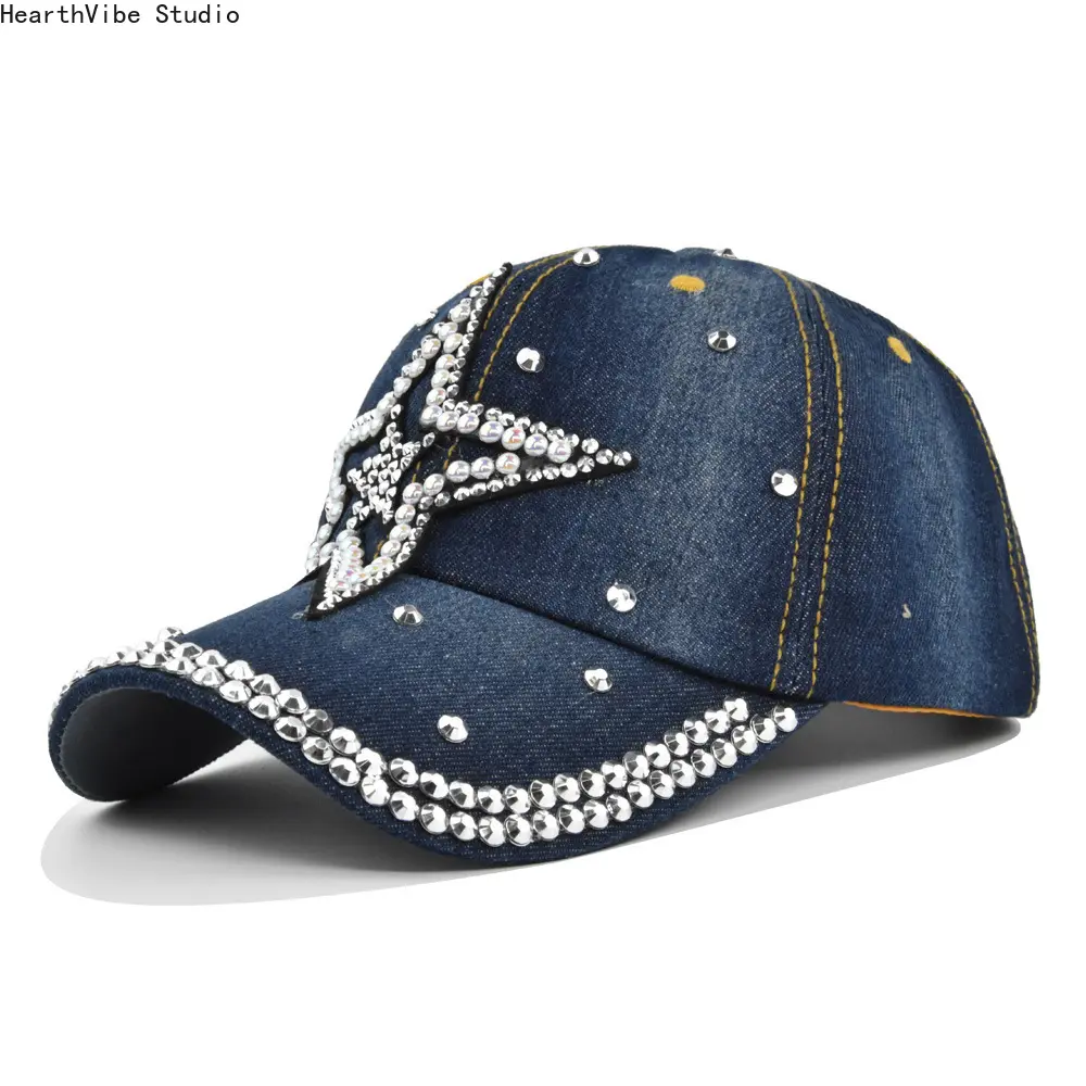 Rhinestone Denim Baseball Cap, Unisex Hip-Hop Style Cotton Snapback with Star, Heart & Letter Embellishments for Sun Protection, Snapback Caps, Rhinestone Star, Relaxed Streetwear Hat, Adults, Adjustable Snapback Hat, Classic Cotton Snapback