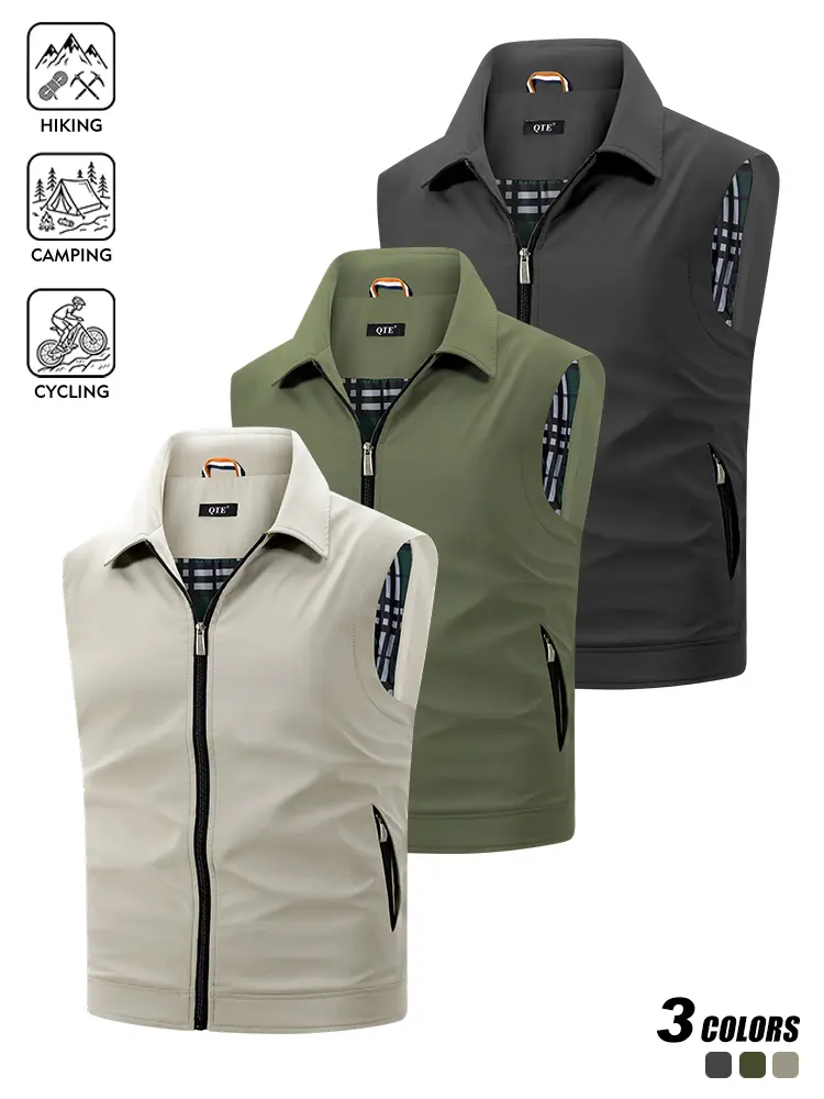 Men Daily Sleeveless Outer Vest, Light Smooth Fabric, Lapel Collar, Convenient Zipper Side Pockets, Ideal Layering Piece for Business Casual, Fishing and Outdoor Sports