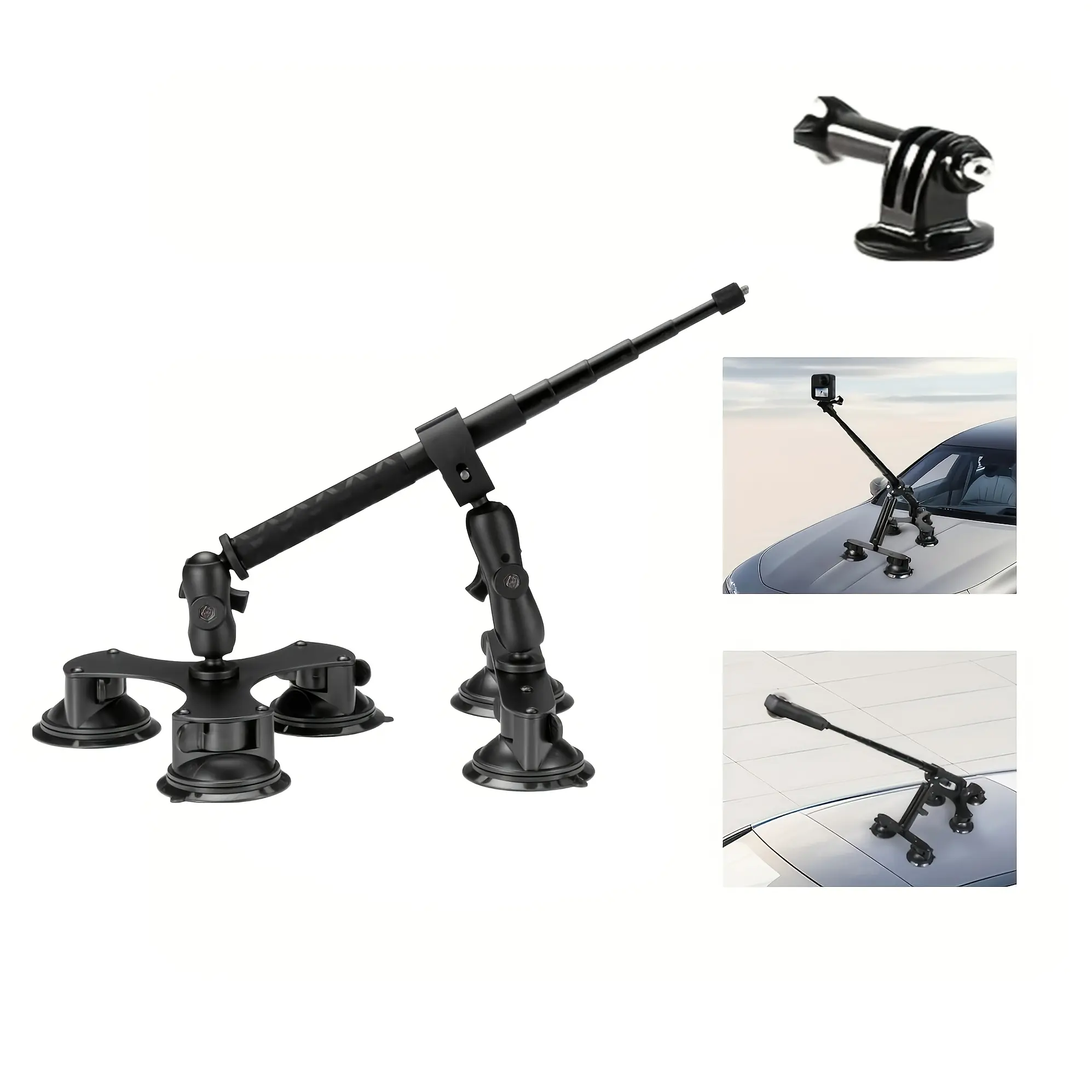 5-in-1 suction cup car mount for GoPro, Insta360, DJI, and other cameras | Heavy-duty telescopic selfie stick made of aluminum alloy, large 3.5-inch suction cup car mount, includes tripod adapter, suitable for action cameras