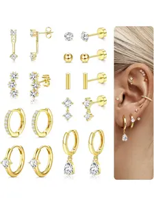 Small Stud Hoop Earrings for Women, 9 Pairs Hypoallergenic Gold Plated Cartilage Earrings, Dainty Huggie Earring Sets for Multiple Piercings, Earring Stacking Set, Stud Earrings Jewelry