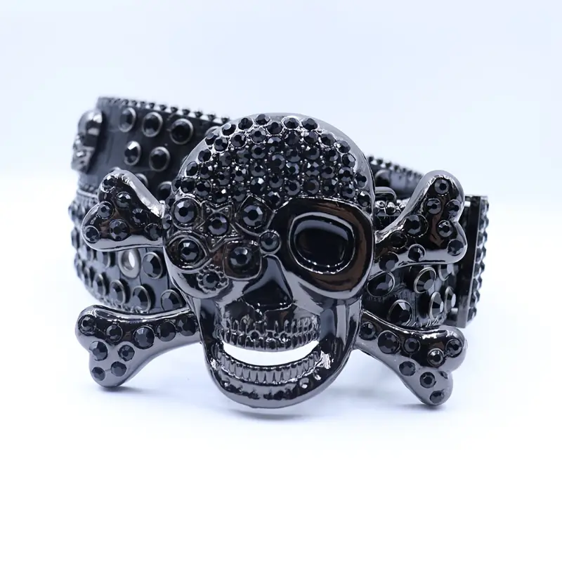 Men's & Women's Gothic Punk Y2K Rhinestone Skull Belt - Large Black Statement Belt with -Adorned Skull Buckle, Hip Hop Unisex Belt for Jeans, Parties & Themed Events (Plus Size Available)