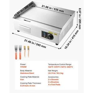 VEVOR Commercial Electric Griddle, 21x 11.8 inch, 1750W, 122-570F Adjustable Temp Control, Stainless Steel Countertop Flat Top Grill with 2 Spatulas, 2 Brushes and 4 Foot Pads, for Steak, Pancake
