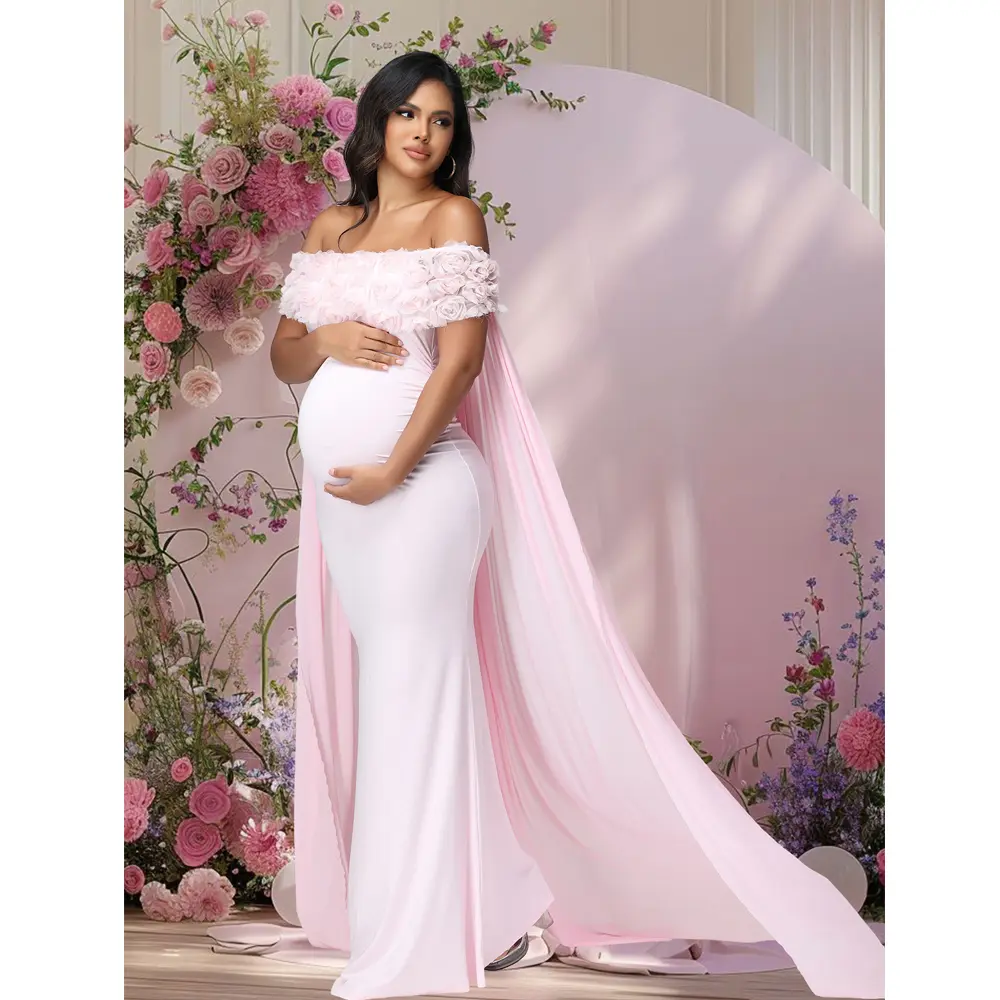 Elegant Off-Shoulder Floral  Embroidered Maternity Dress Baby Shower Maxi Gown with Cloak for Photoshoot, Party, Special Occasions