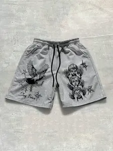 Men's Oversized 'Stay Fierce' Cherub & Eagle Shorts | Dark Streetwear | Trendy Tattoo-Inspired Aesthetic | Perfect for Urban Style & Casual Outfits | Comfortable Drawstring Sweat Shorts