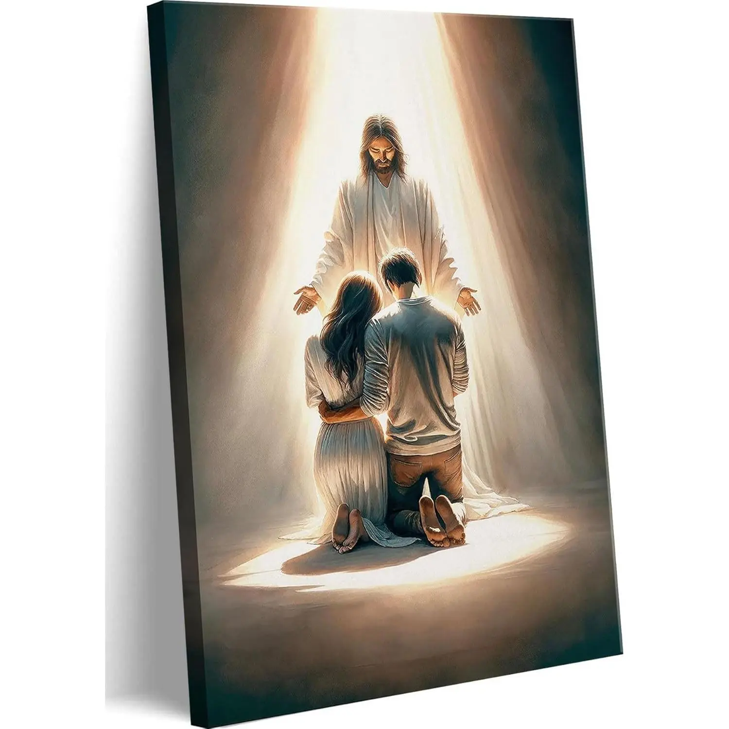 Jesus Blesses Couple Canvas Wall Art Couple Kneeling and Praying to Jesus Wall Decor Picture Christianity Jesus Christ Postre Print for Bedroom Living Room Church Prayer Room Artwork Home Decoration Wooden Cross