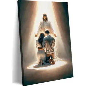 Framed Jesus Blesses Couple Canvas Wall Art Couple Kneeling and Praying to Jesus Wall Decor Picture Christianity Jesus Christ Postre Print for Bedroom Living Room Church Prayer Room Artwork Home Decoration