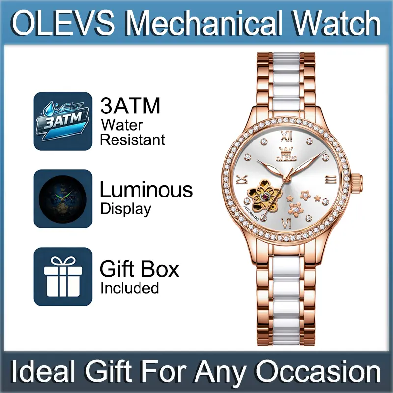 OLEVS 7074 Floral Automatic Watch for Women, Sakura Hollow Mechanical Dial, Rhinestone Encrusted Bezel, Luminous Hands, See Through Case Back, Steel Ceramic Bracelet, Daily Splash Resistant Elegant Timepiece, Birthday & Anniversary Gift for Ladies