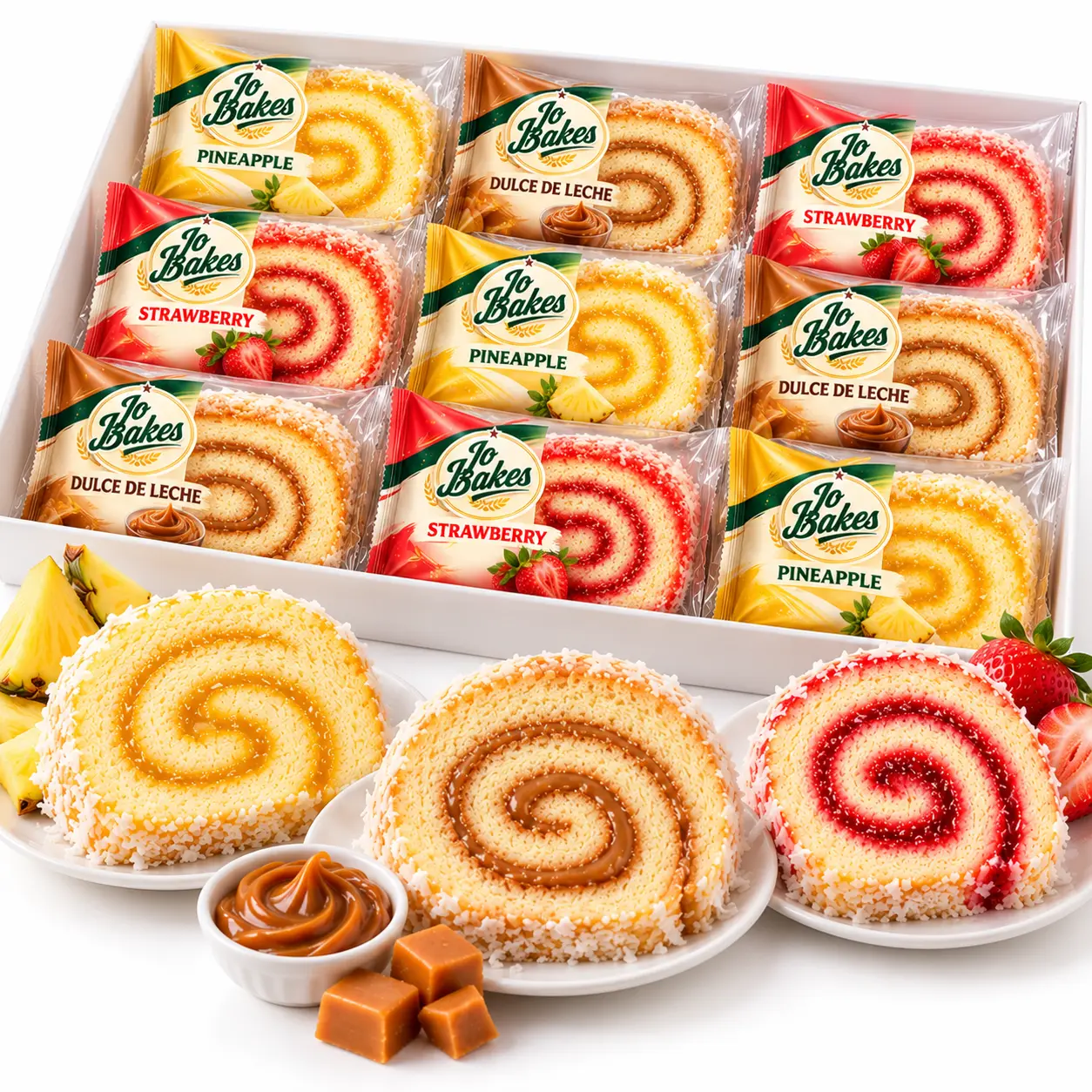 Assorted Flavors Jelly Roll Cake Packs - Brazo Gitano - Pineapple, Dulce de Leche, Strawberry/Guava - 9 Pack Snack Cakes & Pastries
