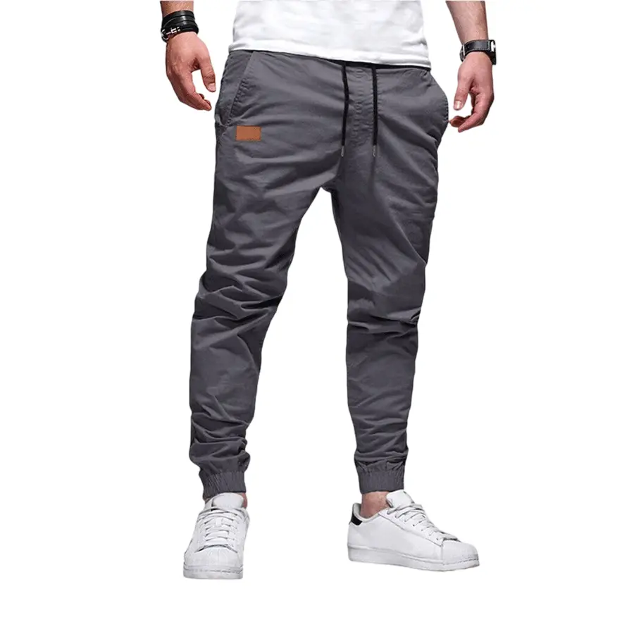 Men’s all-season breathable quick-dry cargo jogger pants, elastic waistband with drawstring, side pocket insert, leather tag decoration — versatile casual pants for commuting, outdoor activities, workouts, and everyday wear