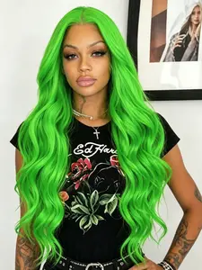 Neon Green Body Wave Wigs 13x4 Lace Front Wigs Pre-Plucked Hairline Synthetic Wig HD Transparent Lace Frontal Wig Colored Festival Look Wavy Wig Coachella Festival Look for Women Party Cosplay Stage 28 Inch