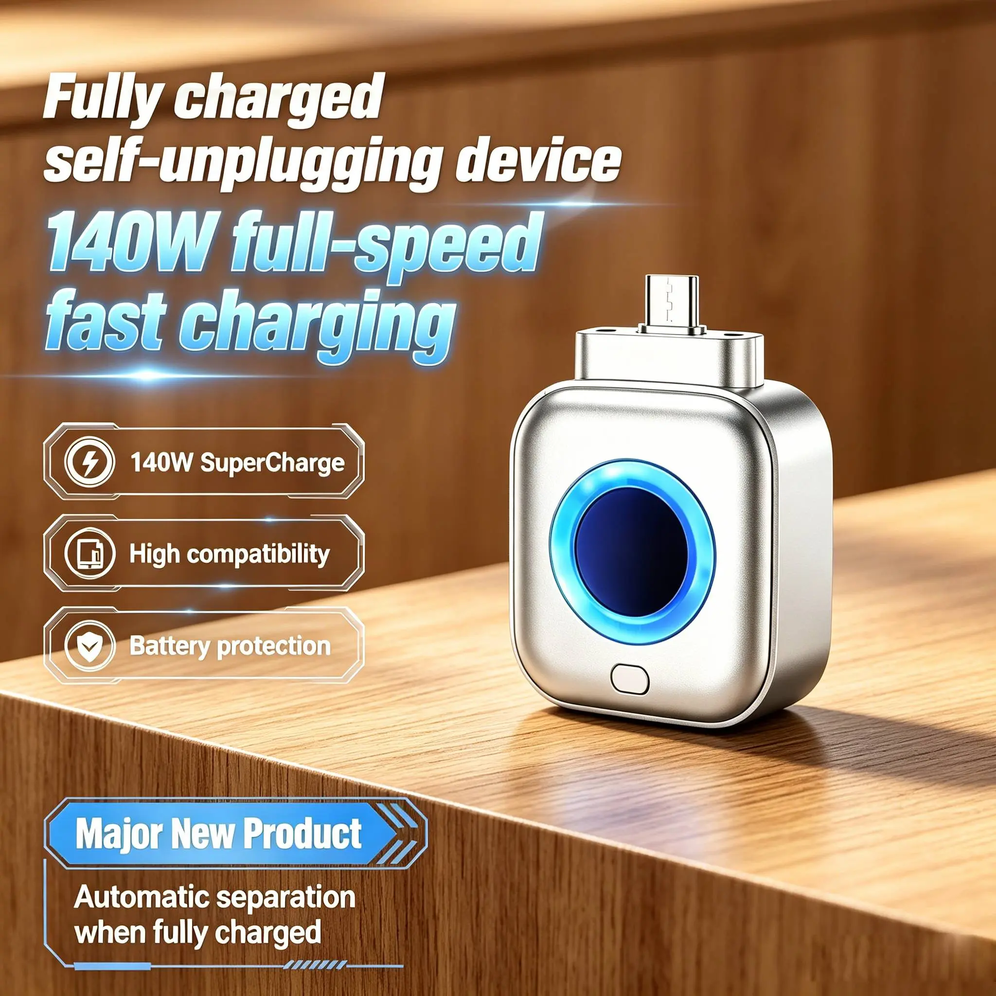 140W Type-C Physical-Disconnect Battery Guard Charger - Auto Eject, Smart Auto-Stop Accessory with Overcharge Protection for Mobile Phones, Laptops, Chargeable Devices (Bluetooth Earphones, Hair Curlers, Mini Fans Compatible)