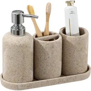 4-Piece Beige Modern Bathroom Accessories Set — Countertop Organizer with Soap Dispenser, Toothbrush Holder, Mouthwash Cup, and Vanity Tray
