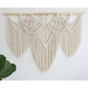 large macrame wall hanging - Boho Tapestry Macrame Wall Decor Art- Chic Bohemian  Woven Tapestry  Decoration for Bedroom Living Room Apartment Wedding Party - 43"x32" (Beige-fringe)