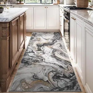 Modern Art Marble Texture Long Rug, marble patterned rug, Modern Runner Rug, Indoor Non-Slip Soft Plush Carpet, Pet-Friendly Washable Foldable Mat for Hallway Bedroom Bathroom Living Room