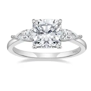 EAMTI 3.5CT 925 Sterling Silver Engagement Rings 3-Stone Cushion Cut Cubic Zirconia CZ Wedding Promise Rings for Her Wedding Bands for Women