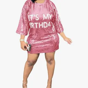 It's My Birthday' Sequin Dress with 3/4 Sleeve Casual Crewneck Womenswear  fashion casual dresses elegant Wrap Formal Comfort Workwear