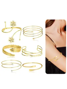 6 Pcs Arm Cuff Bracelets Open Upper Arm Bands Layered Coil CZ Flower Feather Leaf Swirl Wire Cuff Bangle Armlet Set for Women Gold Tone Adjustable