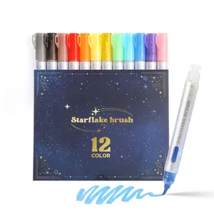 12 Color Professional Art Valve Press Glitter Markers, Soft Brush Head Marker Pen for DIY Graffiti Coloring Glass Stone Canvas Fabric Eggs, Colored Markers