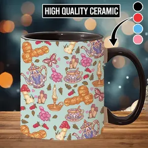 Funny Mug Cottagecore Mushrooms Pattern Ceramic Coffee Mug Drinkware Glossy 15oz Reusable Washable Black Ergonomic C-Handle Gift For Mushroom Lovers