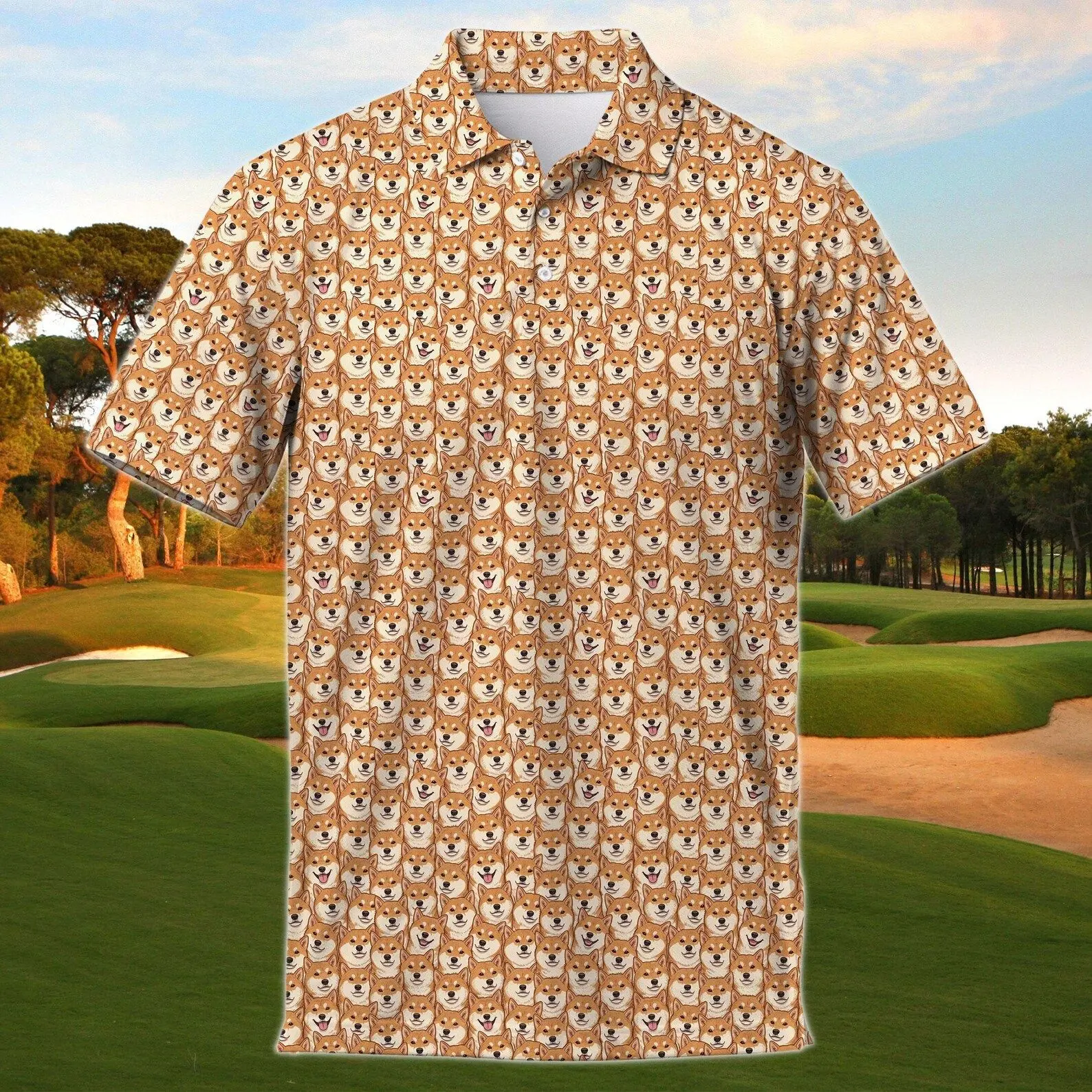 Dog Face Polo Shirt, Puppy Pattern Golf Polo, Funny Animal Shirt, Dog Dad Gift, Casual Summer Polo