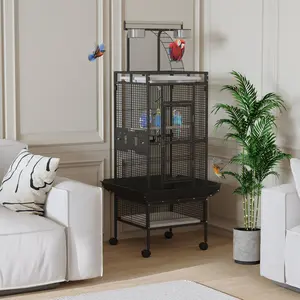 60 Inch Large Metal Bird Cage with rolling stand and play top, fitted with 4 stainless steel feeding bowls. Spacious sturdy pet bird house ideal for conure, cockatiel, parakeet and lovebird, perfect for daily resting, playing and breeding in classic black