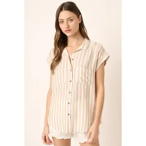 Taupe Button Down Chest Pocket Shirt Top