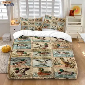 3-piece set (1 duvet cover+2 pillowcases, no core) 3D patchwork, printed duvet cover with mallard and duck elements, soft and comfortable bedding set, suitable for all room decorations, suitable as a gift, available all year round