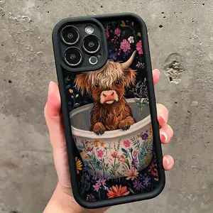 Cute Highland Cow Oil Painting Phone Case, Shockproof Ultra-Thin Protective Cover, Full Camera Lens Protection for iPhone 17/16/15/14/13/12/11/plus/pro Max And for Samsung Galaxy S26