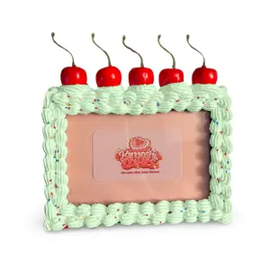 Kitschy Fake Cake Photo Frame Green with Cherries Home Office Decor 4x6 for Home Office Decor