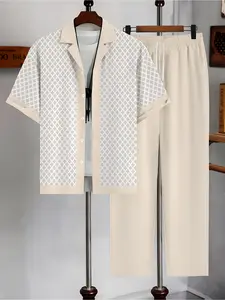 Men'S Short-Sleeve Shirt And Long Pants Co Ord Set Matching Lounge Sets with Star Pattern, Suitable for Outdoor Sports, Casual Vacations, And Beach Outings, Featuring a Cuban Collar.