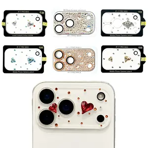 (Case & Nova.)Bling Heart Rhinestone Camera Lens Protector, 9H Tempered Glass Full Cover Lens Film for iPhone 17 Pro Max, 16, 15, 14, 13, 12, 11