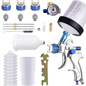 HVLP Paint Sprayer With 10pcs 600ML Mixing Quick Cup, Spray Paint Gun Set Contain 3 Nozzles 1.4/1.7/2mm &Pressure Gauge, Sprayer Gun For Car Painting, Furniture Surface Spraying (Blue Set)