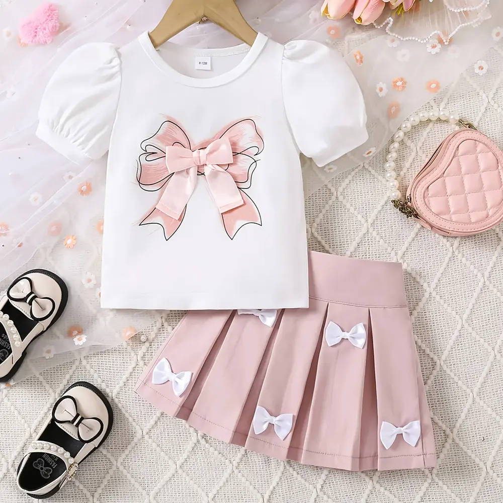 SCKTOO Cute Toddler Girls Clothing Skirts Outfit, 2-Piece High-Quality Summer Polyester Blend Set - Printed Short-Sleeve Top & A-Line Pleated Skirt for 0-3Y Girls Wear (1 Top, 2-3Y)