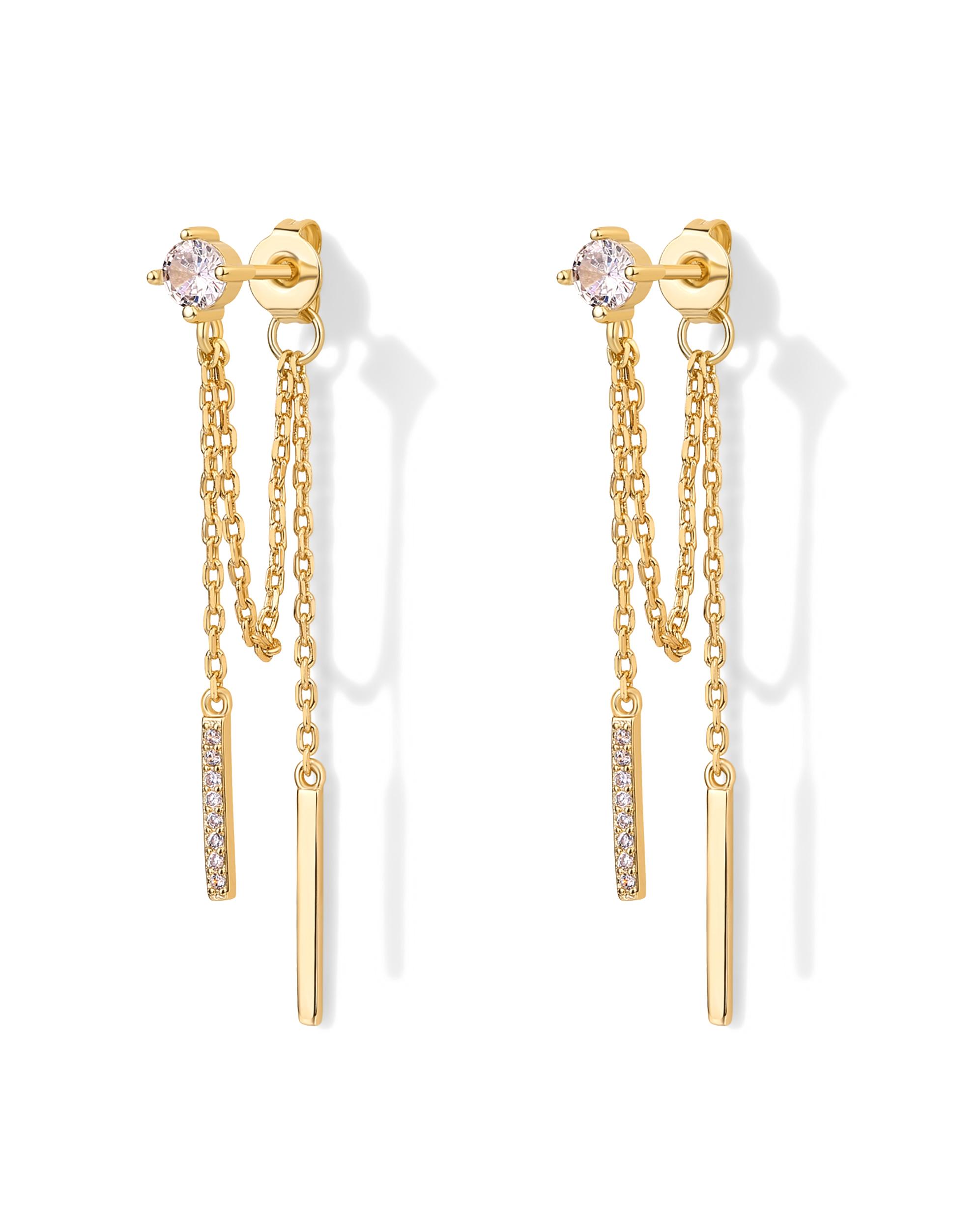 PAVOI 18K Gold Plated Sterling Silver Posts Drop Dangle Chain Earrings for Women | Dangling Chain Studs | Cubic Zirconia Ball Threader Earscapes Earrings