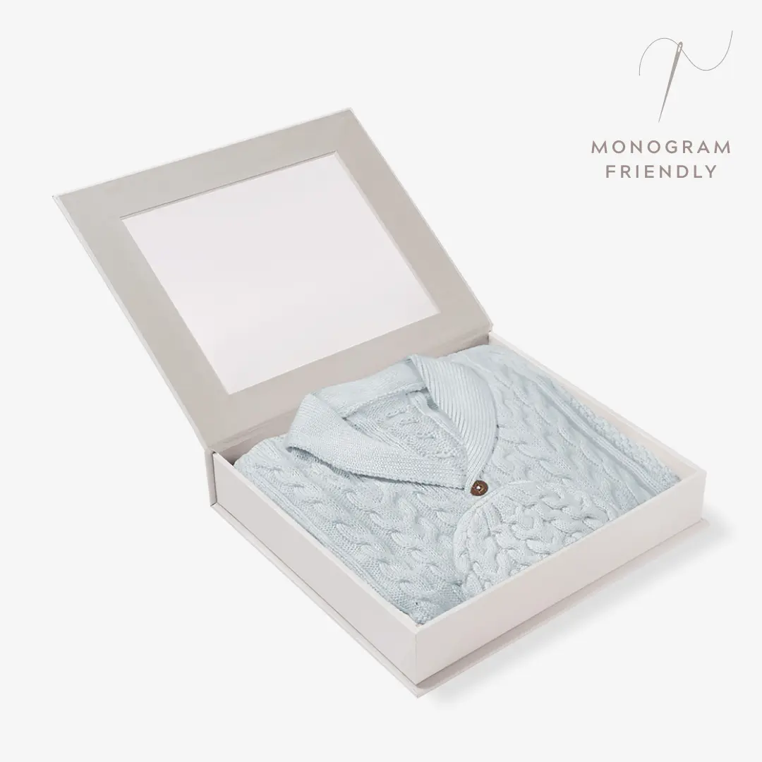 Pale Blue Horseshoe Cable Knit Cardigan & Hat Baby Boxed Gift Set