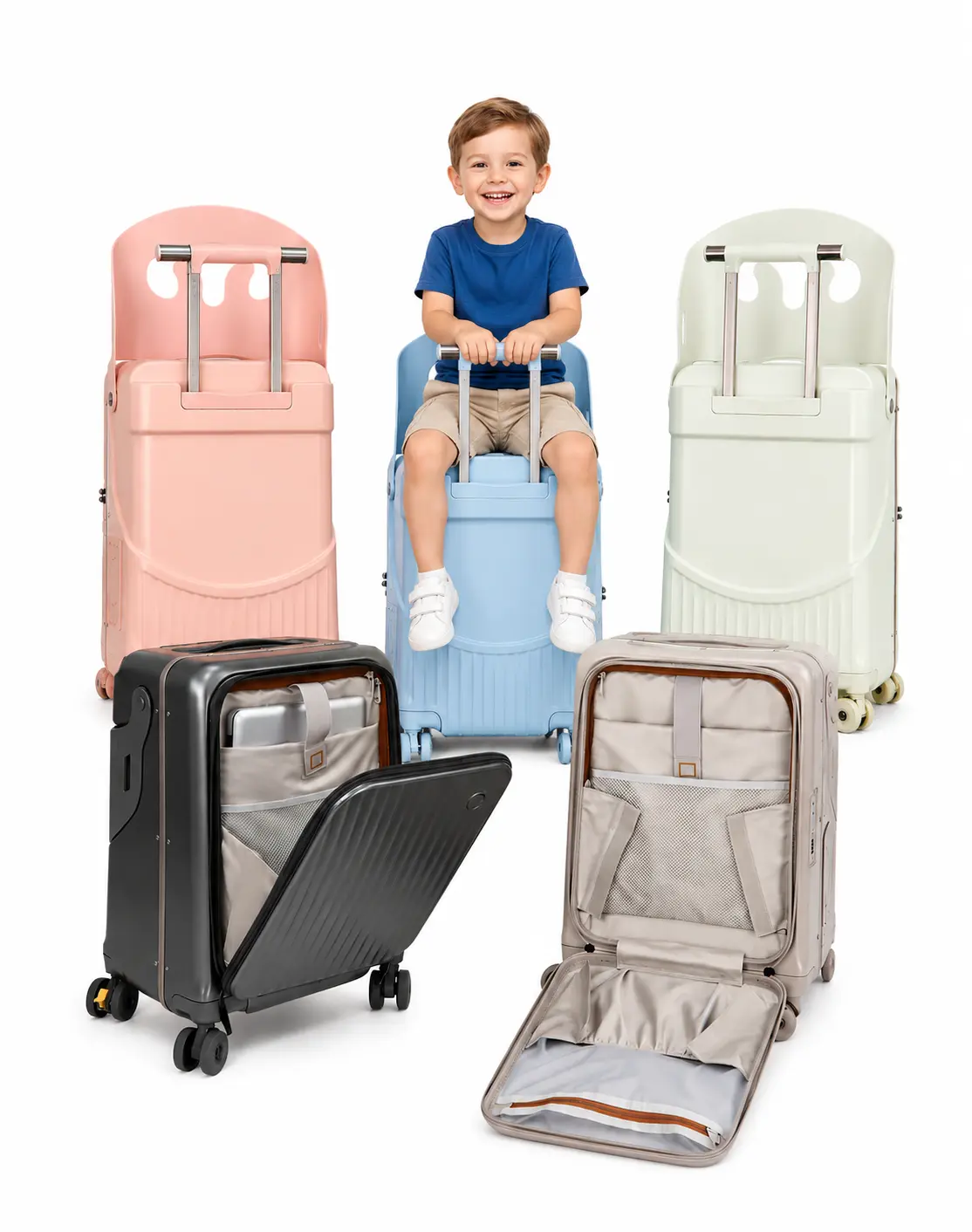 Hardshell Carry On Luggage for Children - 45L with Child Seat, PU Leather, 4 360-Rotation Spinner Wheels, Buckle, Top Handle, 15.6-Inch Laptop Compartment for Airport Travel, 4 Wheels 360 Rotation, Carry Handle, Daily Short-Distance Travel, Silent Wheels