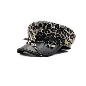 Trendy Leopard Print PU Beret for Women, Retro Flat Top Cap with Buckle Detail, Stylish Autumn Winter Fashion Hat, Ideal for A Best Gift