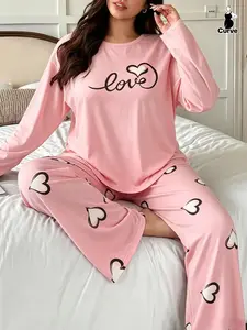 Plus Size Women's Heart Print Long Sleeve Pajama Set, Casual Fitted Sleepwear, Pajamas Sets, Comfortable Home Wear for Fall & Winter