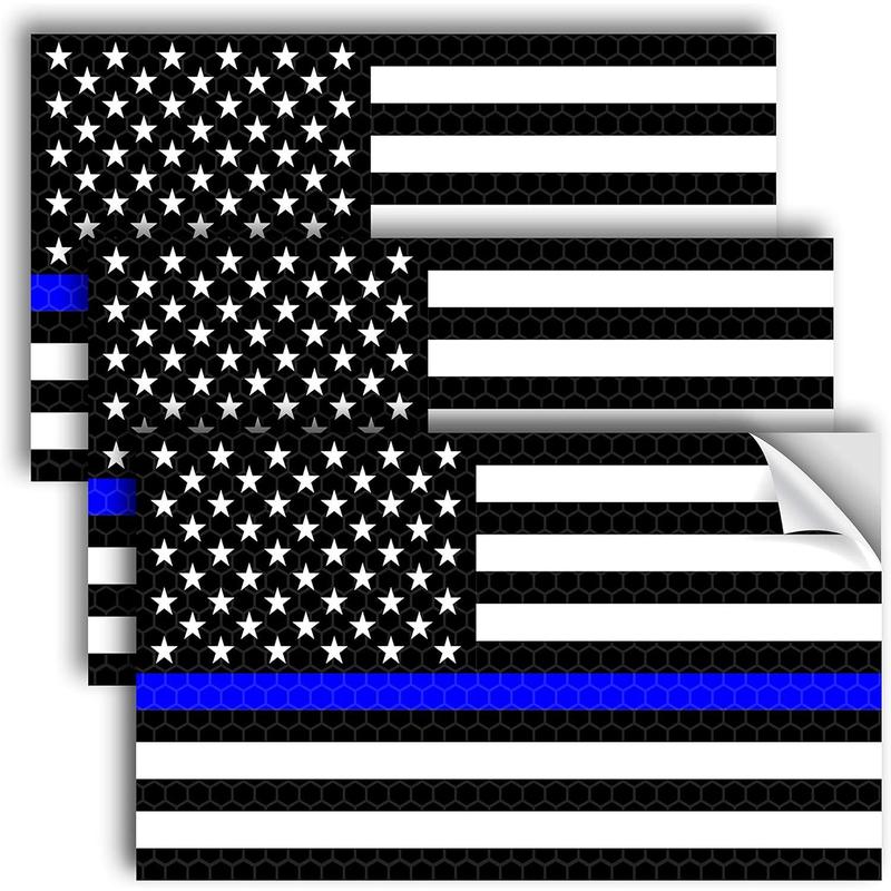 3-Pack Reflective Thin Blue Line Flag Decals (5x3") - Back The Blue Police Support Stickers | Blue Lives Matter Law Enforcement Decals for Car Bumpers & Windows