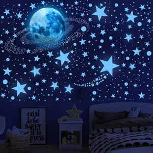 492 Glow in The Dark Stars & Moon Space Galaxy Universe Planet Wall Decals - Blue Glowing Stars Stickers for Kids Bedroom, Nursery & Living Room Decor